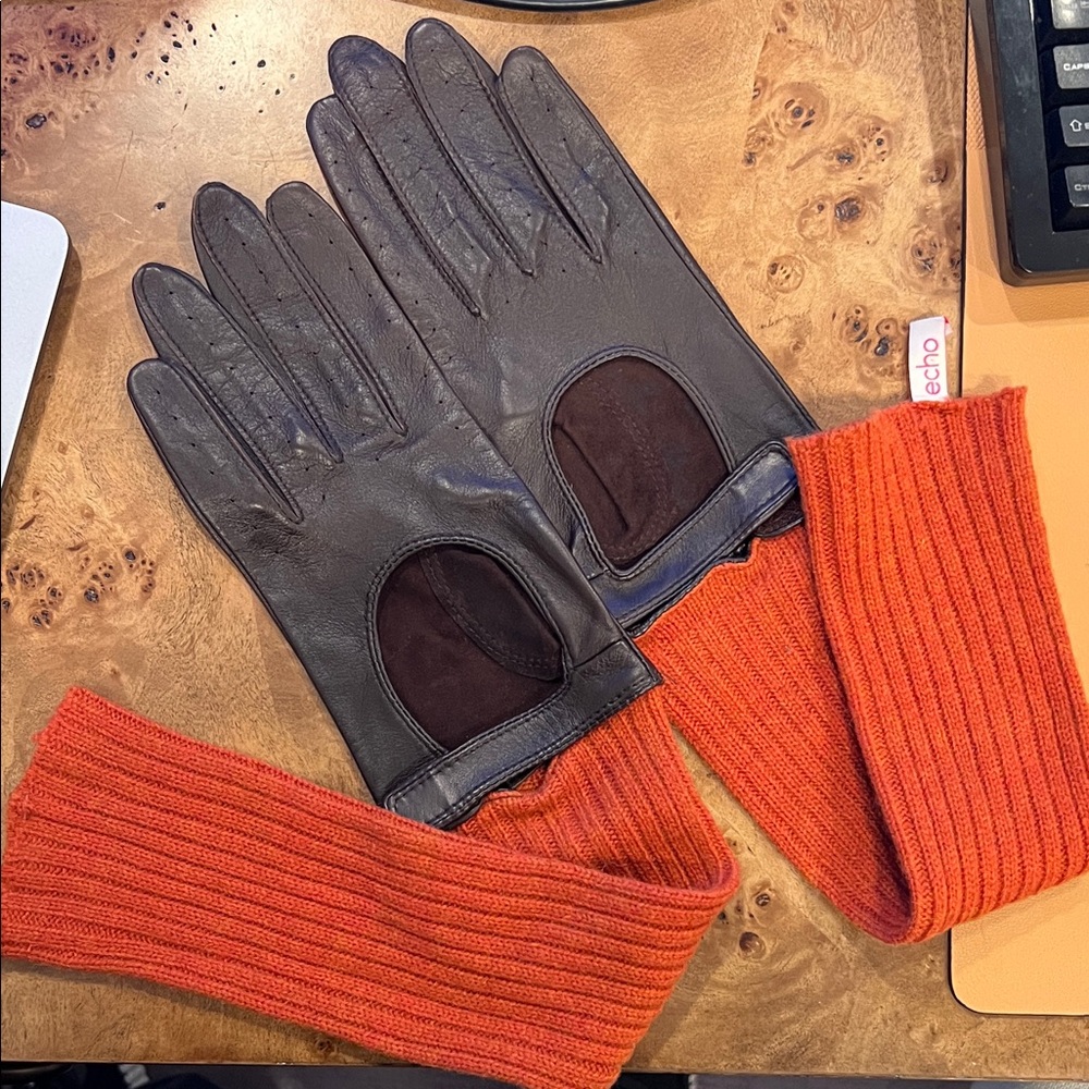 Echo Women's Leather Driving Gloves with attached Orange Knit Arm Warmer